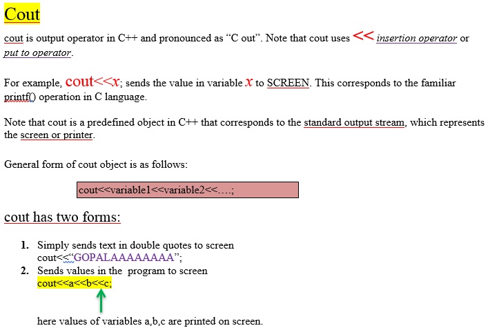 cout object in c++