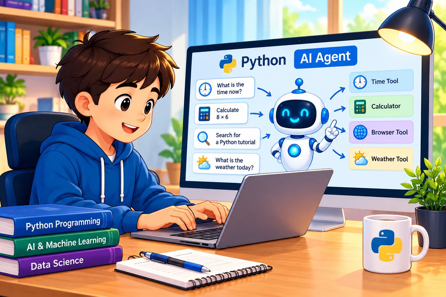 Student working on a computer to learn about a Python AI agent