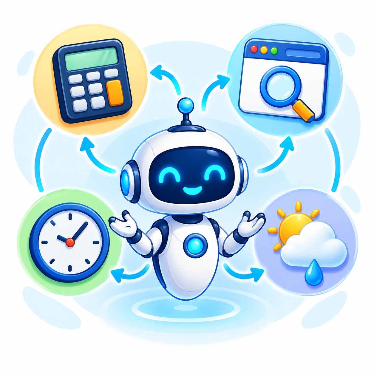 AI agent coordinating a calculator, web search, clock, and weather tool