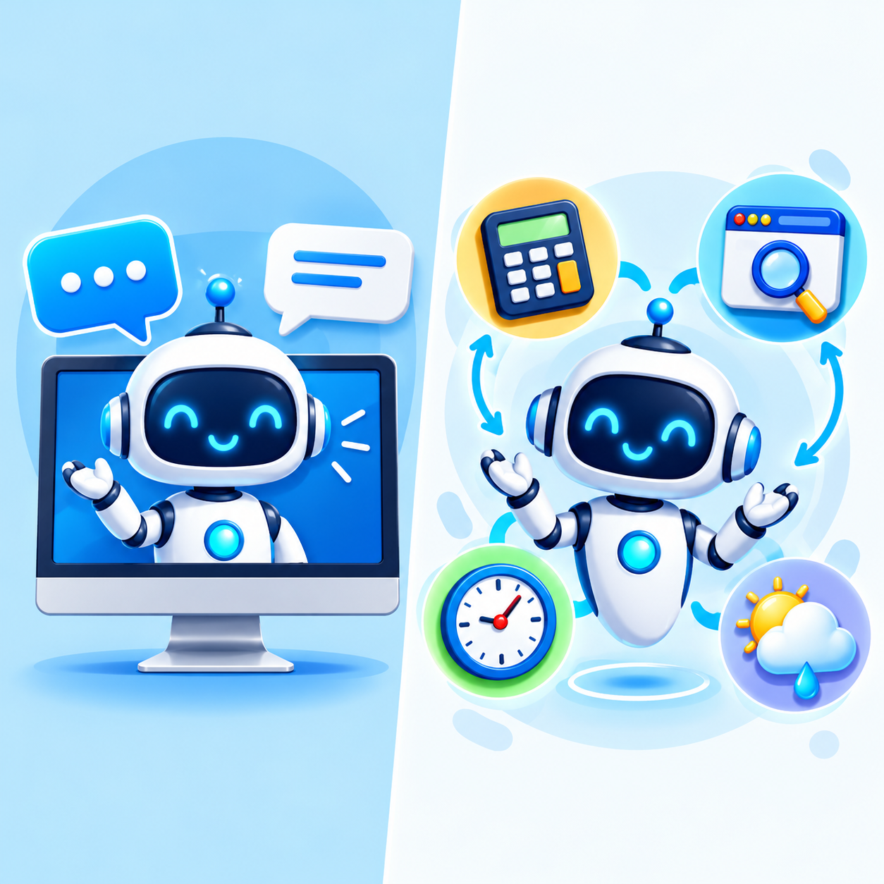 Visual comparison of a chatbot and an AI agent using tools