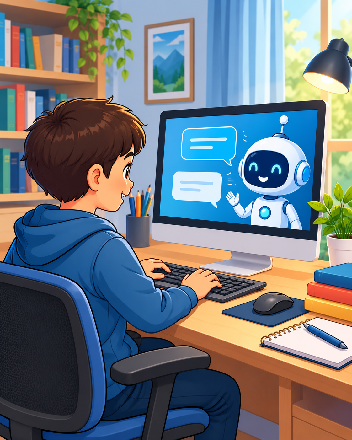 A student sitting on a chair and learning about chatbots on a computer
